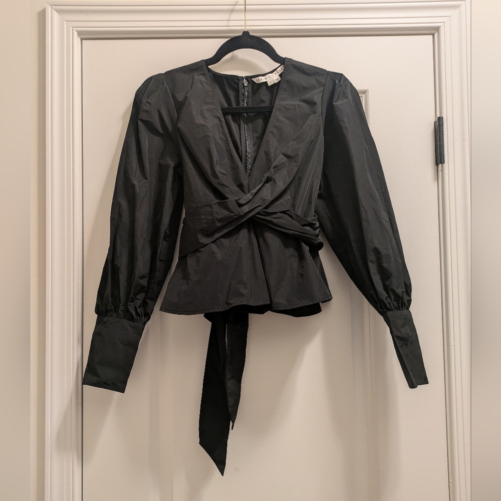 Black Wrap Blouse with Puff Sleeves